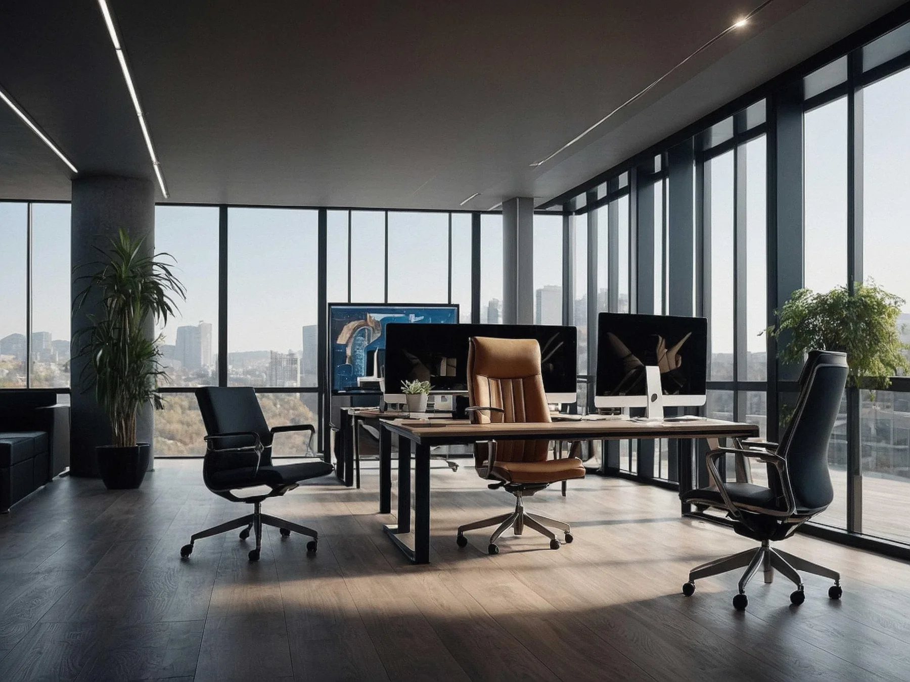 Escritório corporativo finalizado com vista para a cidade